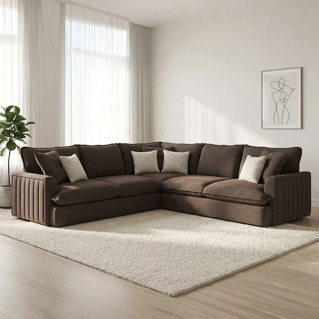 Modern corner fabric sofa with soft upholstery, deep comfortable seating, plush back cushions.