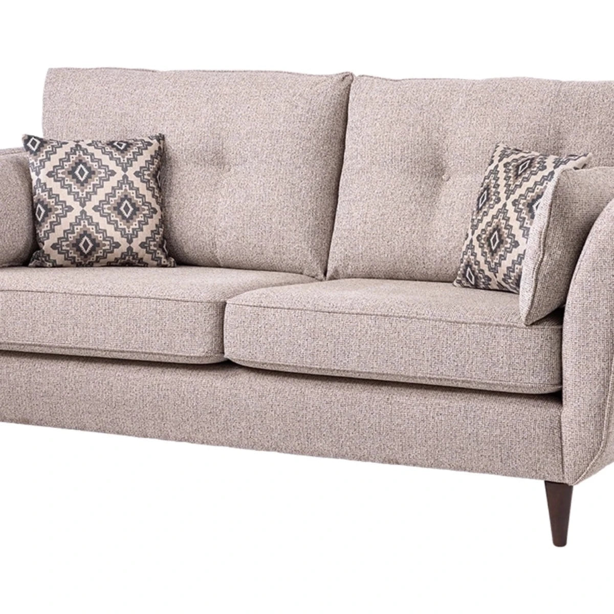 Modern 3 seater sofa with structured seating and elevated legs.