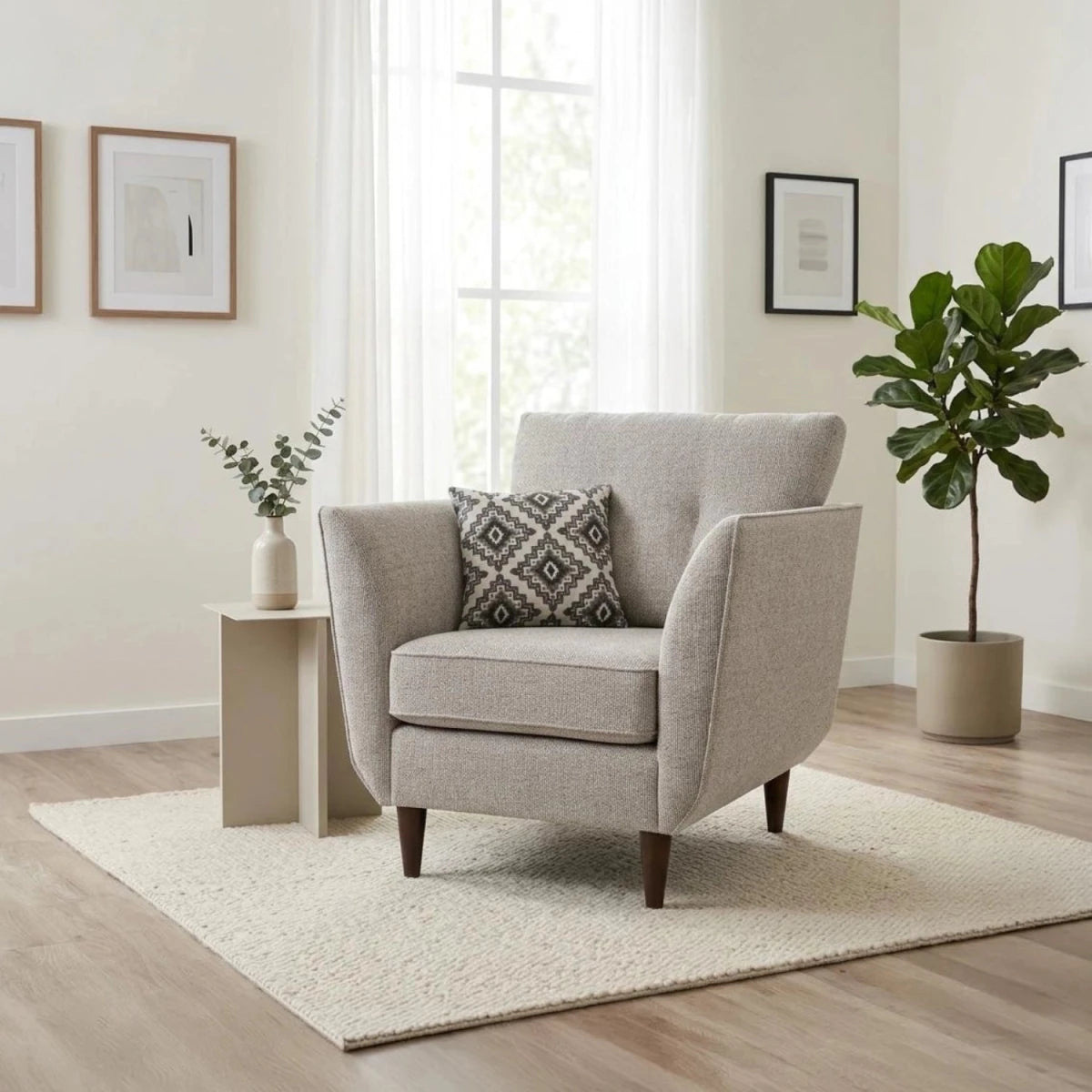 Modern accent chair with structured seating and contemporary style.