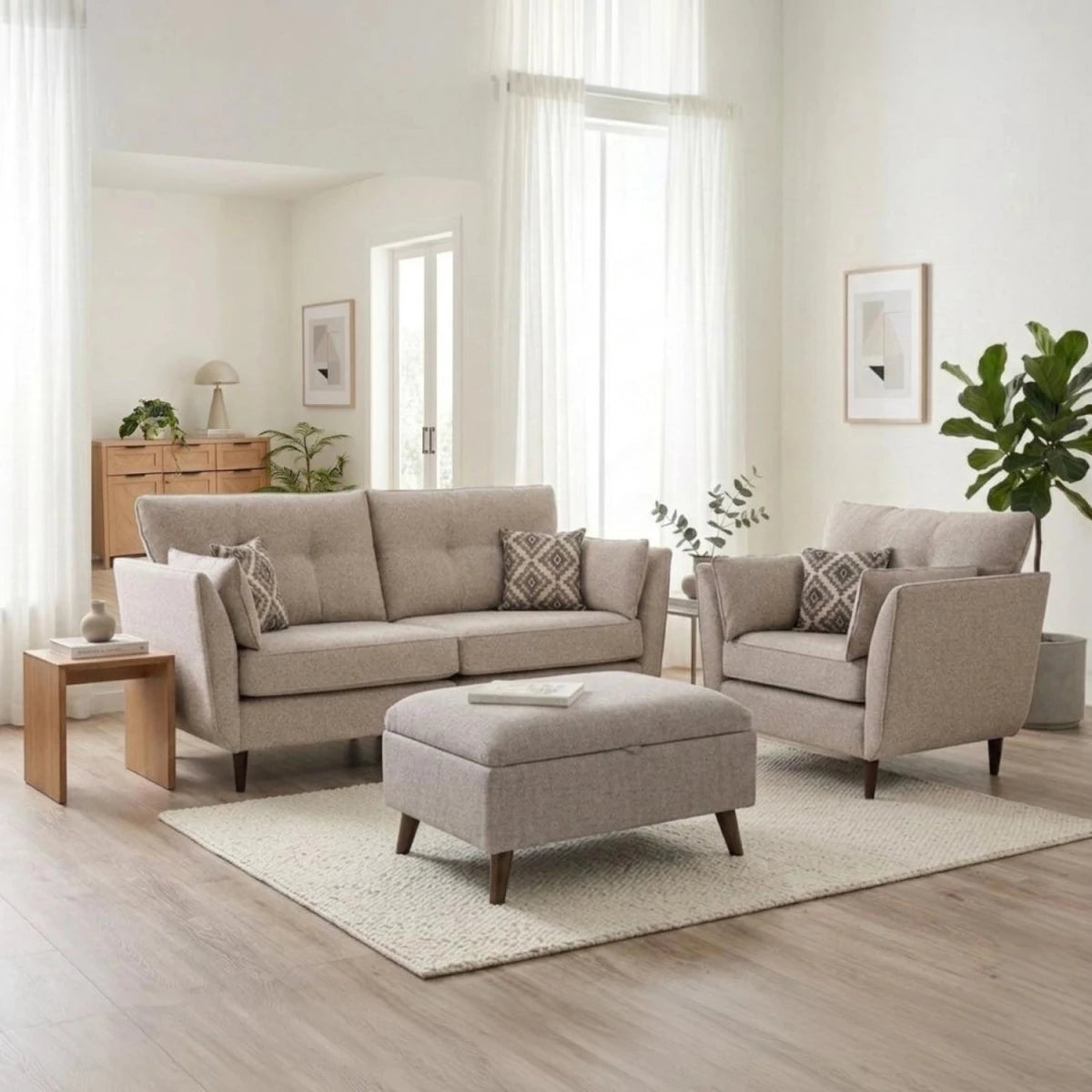 Crawley Alanah seating and stool close-up with elevated legs and patterned cushions.