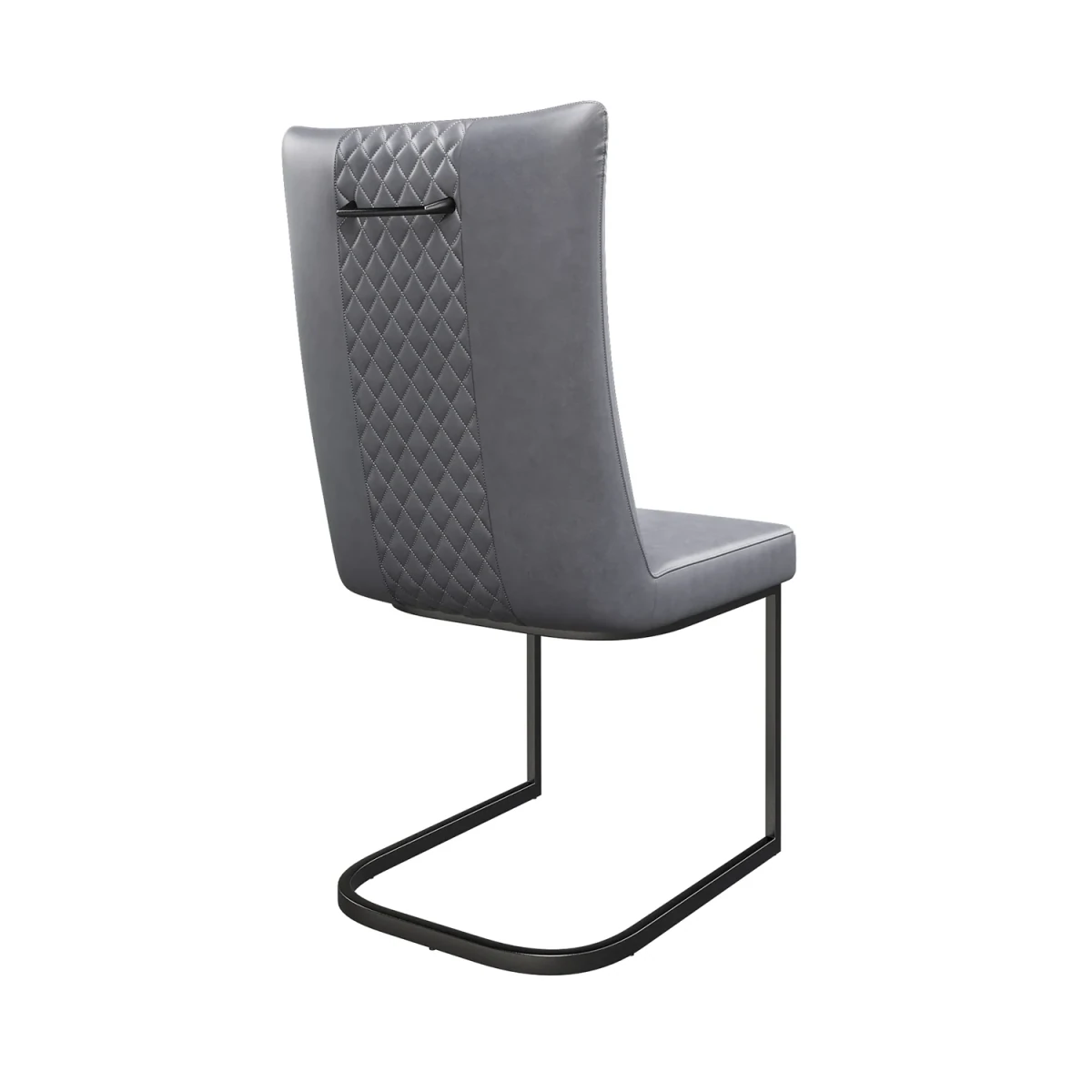 Back View of Cuneo Antique Grey Faux Leather Dining Chairs – Set of 4 shows quilted detail on the back and black handle 