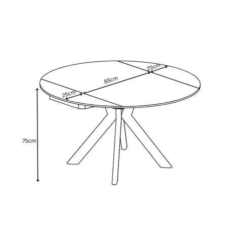 Black and white line drawing of a round Cuneo dining table with dimension annotations showing 85 cm tabletop diameter, 25 cm edge spacing, and 75 cm height.