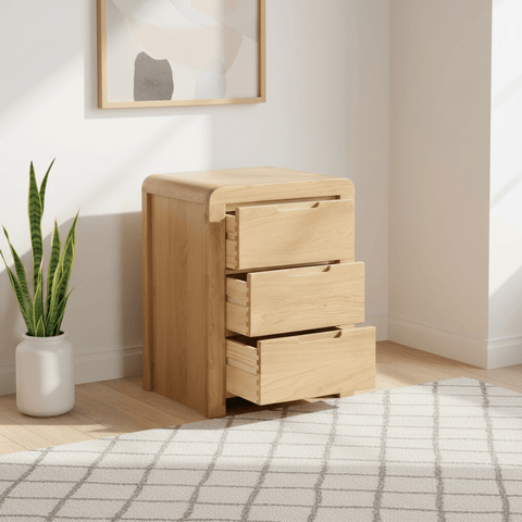 Carve Solid White Oak and Oak Veneer 3 Drawer Bedside