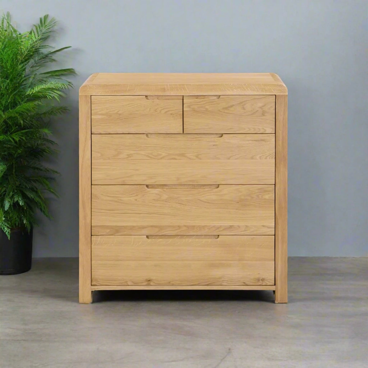 Carve Solid White Oak and Oak Veneer 3+2 Drawer Chest - Pendle Village Furniture