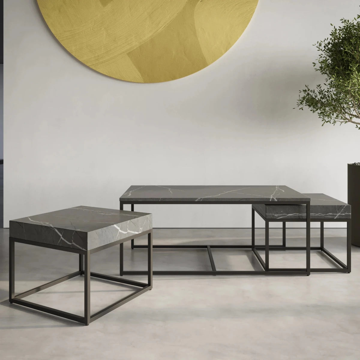 Shop the Zeus Grand Grey Marble Effect Coffee Table Set. Features two nesting tables, gunmetal grey frames and a stylish space-saving design.
