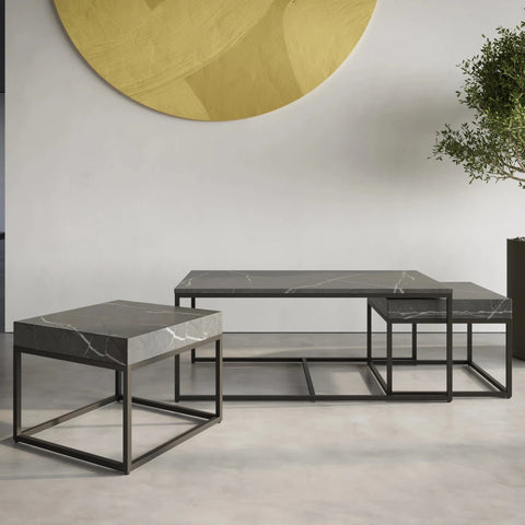Shop the Zeus Grand Grey Marble Effect Coffee Table Set. Features two nesting tables, gunmetal grey frames and a stylish space-saving design.
