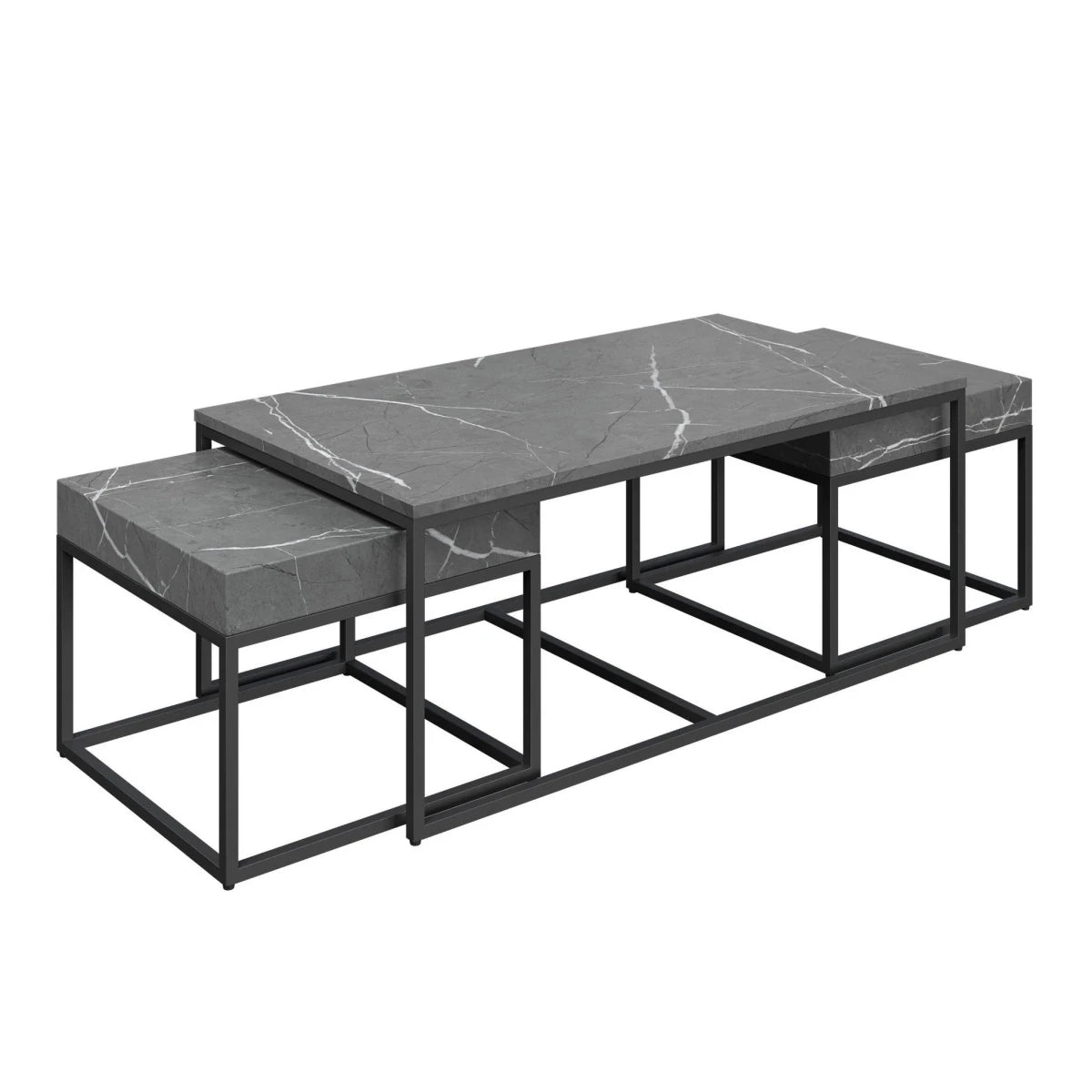 Zeus Grand Grey Marble Effect Coffee Table Set. Features two nesting tables, gunmetal grey frames 