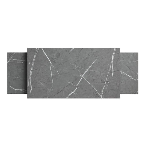 Zeus Grand Grey Marble Effect Coffee Table Set. Features two nesting tables, gunmetal grey frames and a stylish space-saving design.