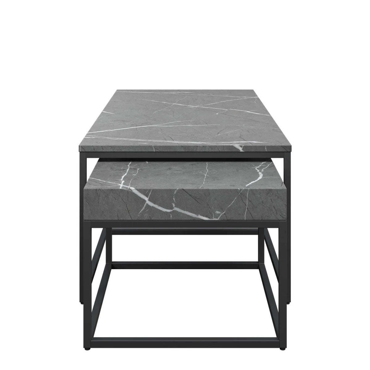 Side view of e Zeus Grand Grey Marble Effect Coffee Table Set. Features two nesting tables, gunmetal grey frames and a stylish space-saving design.