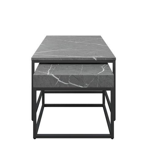 Side view of e Zeus Grand Grey Marble Effect Coffee Table Set. Features two nesting tables, gunmetal grey frames and a stylish space-saving design.