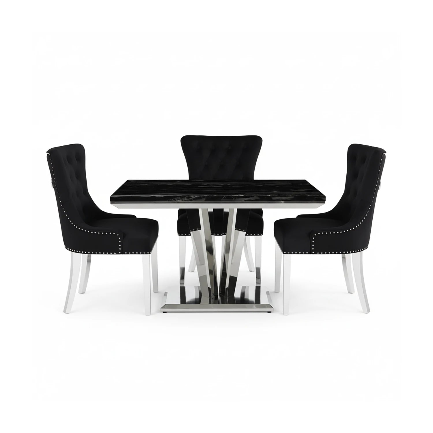Winsor Black Marble Dining Table with 4 Winsor Velvet Knockerback Chairs - Pendle Village Furniture