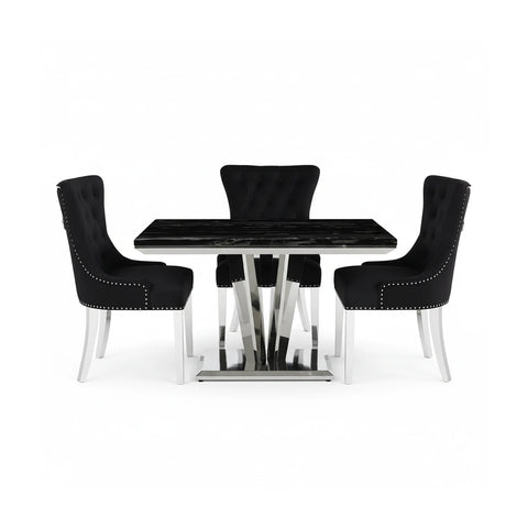 Winsor Black Marble Dining Table with 4 Winsor Velvet Knockerback Chairs - Pendle Village Furniture