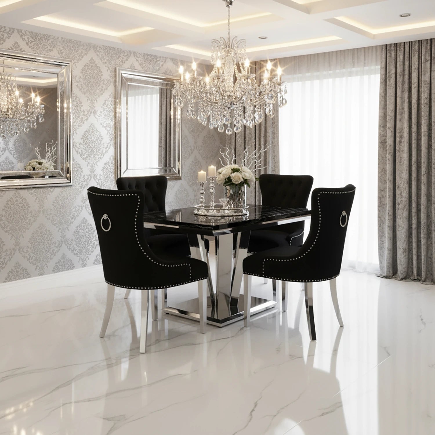 Winsor Black Marble Dining Table with 4 Winsor Velvet Knockerback Chairs - Pendle Village Furniture