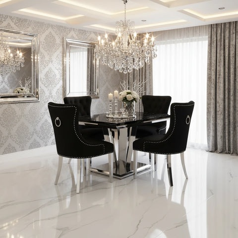 Winsor Black Marble Dining Table with 4 Winsor Velvet Knockerback Chairs - Pendle Village Furniture