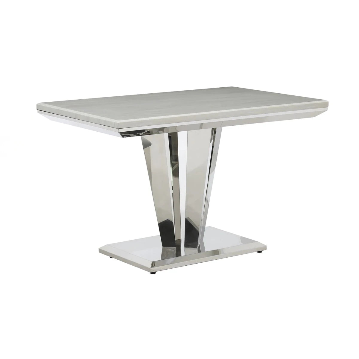Modern dining table with a white marble-like top and chrome legs on a white background