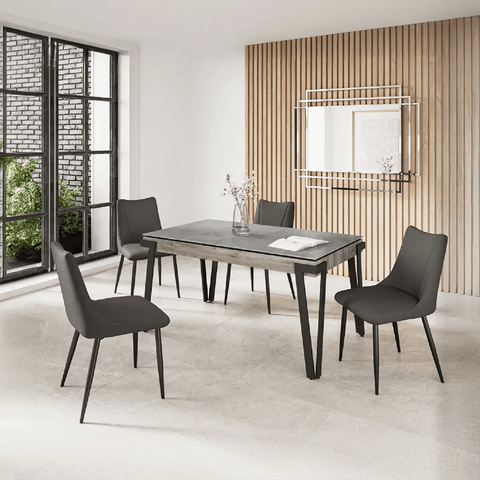 Dario 140cm Grey Ceramic Dining Table with Zoe Dark Grey Faux Leather Chairs - Pendle Village Furniture
