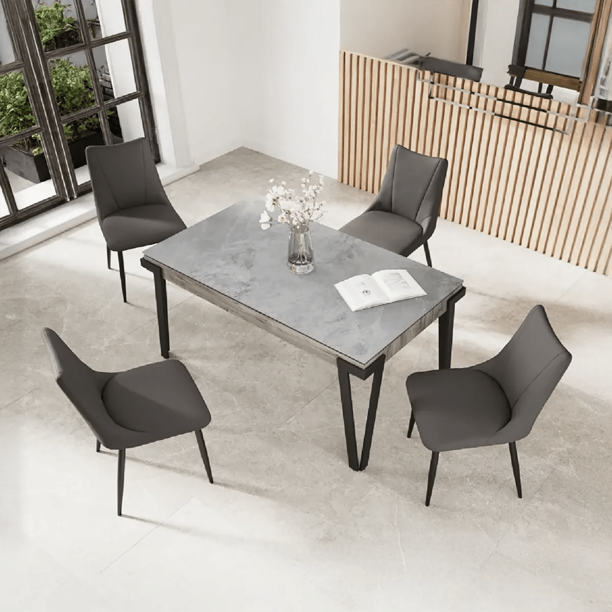 Dario 140cm Grey Ceramic Dining Table with Zoe Dark Grey Faux Leather Chairs - Pendle Village Furniture