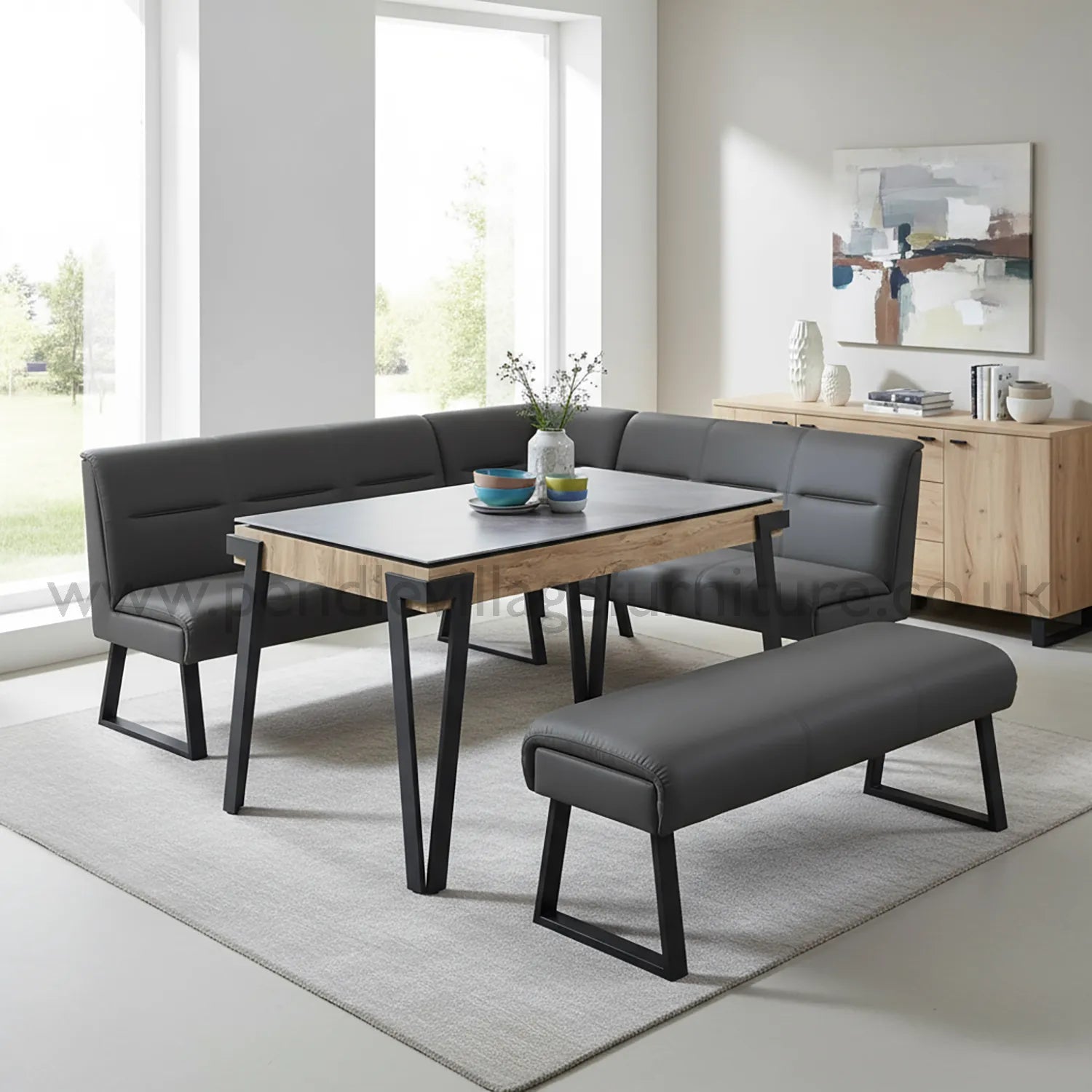 Dario 140cm Grey Ceramic Dining Table with Corner Bench Set - Pendle Village Furniture