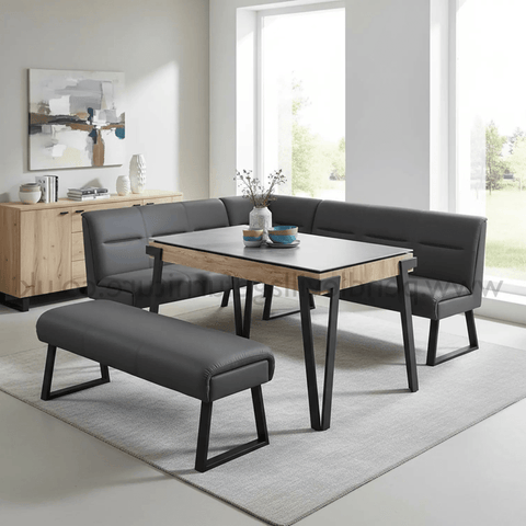 Dario 140cm Grey Ceramic Dining Table with Corner Bench Set