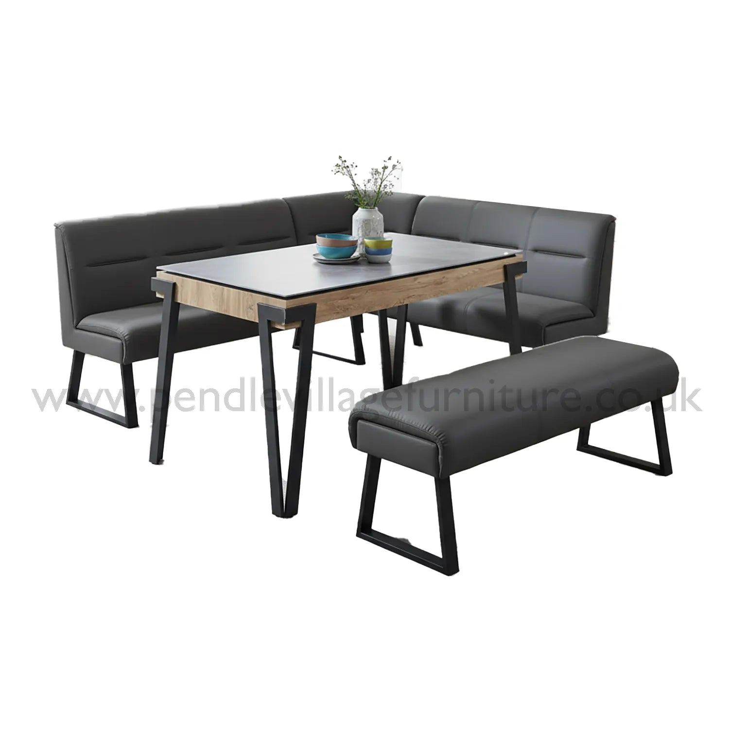 Dario 140cm Grey Ceramic Dining Table with Corner Bench Set - Pendle Village Furniture
