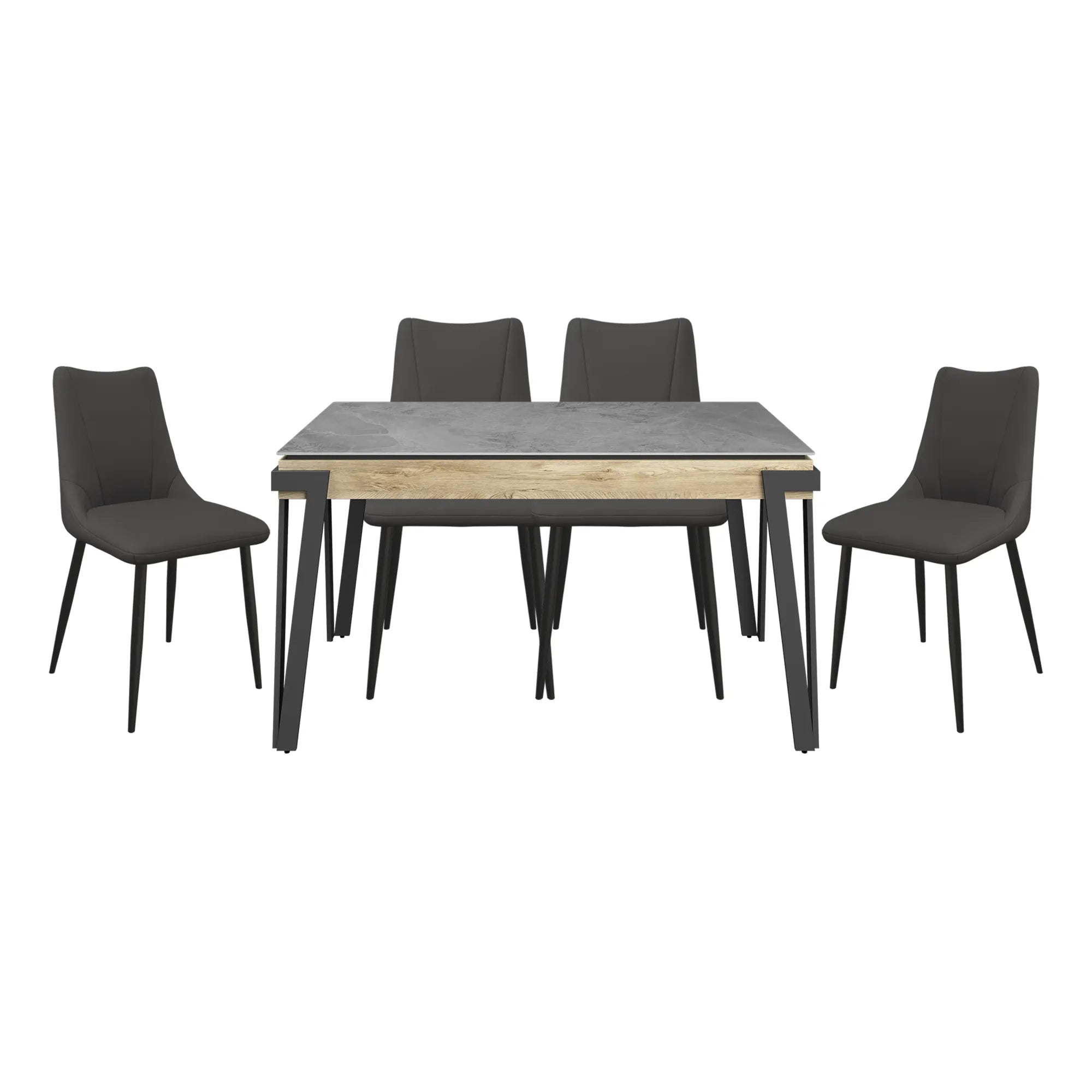Dario 140cm Grey Ceramic Dining Table with Zoe Dark Grey Faux Leather Chairs - Pendle Village Furniture