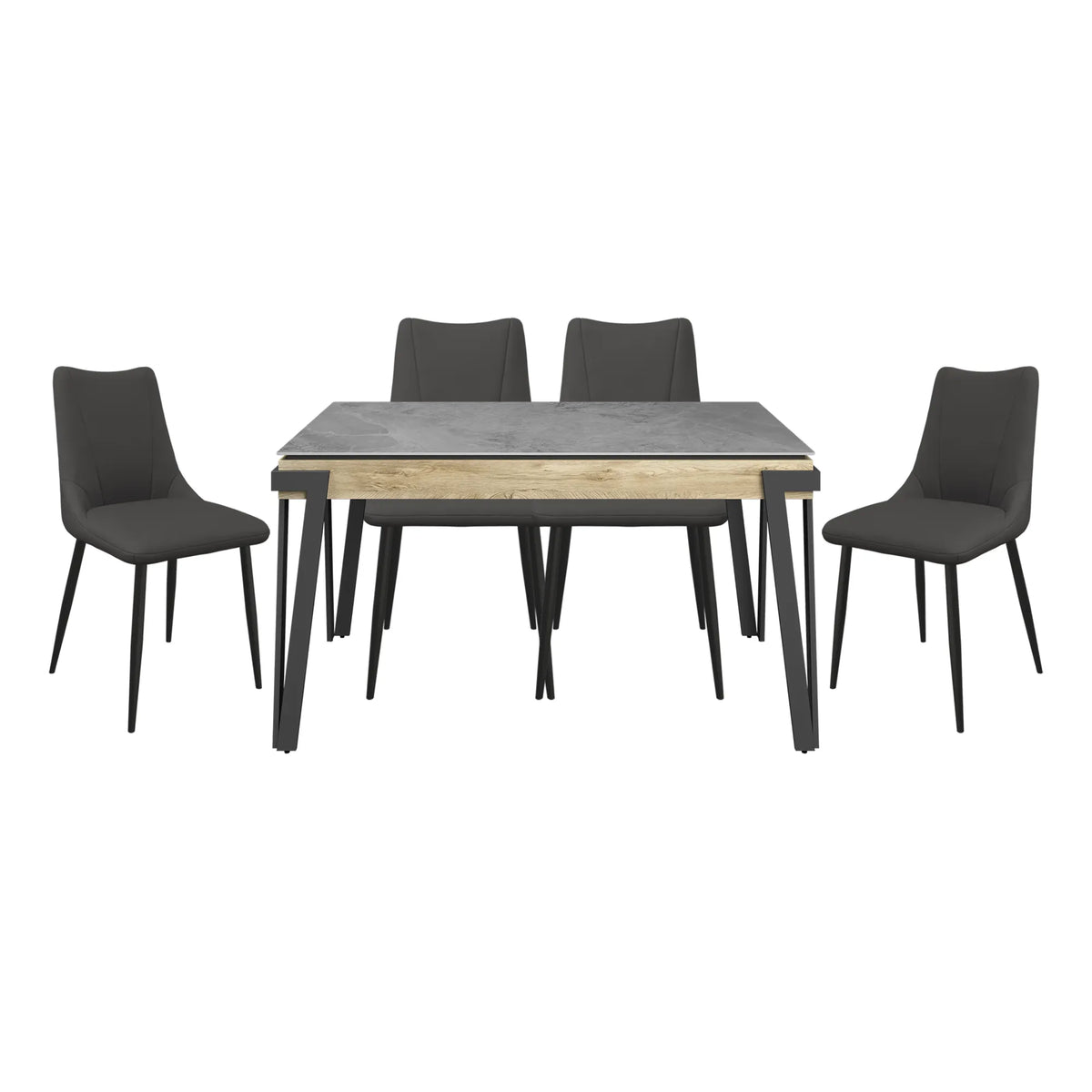 Dario 140cm Grey Ceramic Dining Table with Zoe Dark Grey Faux Leather Chairs - Pendle Village Furniture