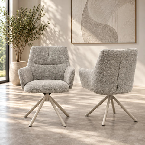 Davos Ivory Travertine Ceramic Extending Dining Table with Grey Swivel Chairs