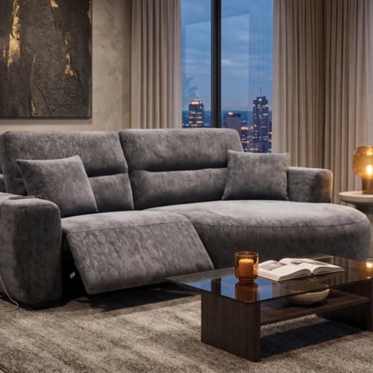 Luxury reclining sofa with chaise lounge section.