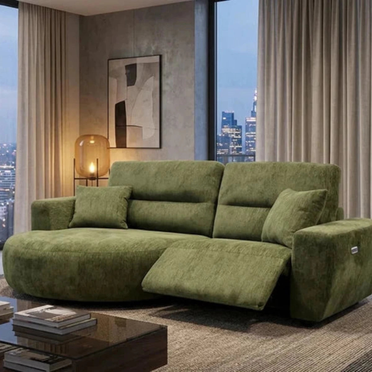 Extended chaise section for lounging comfort.