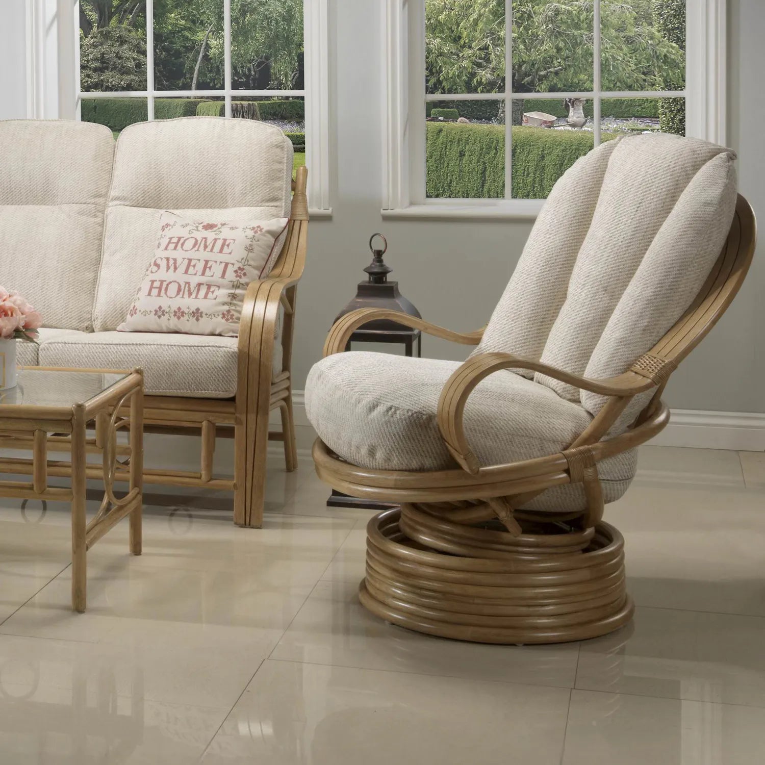 Madrid Light Oak Cane Laminated Swivel Rocker Chair - Pendle Village Furniture