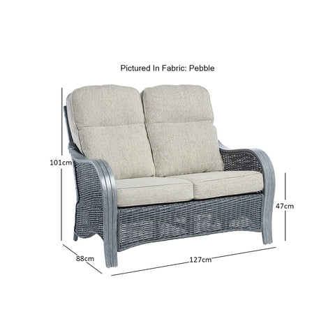 Desser Turin Grey Rattan 2 Seater Sofa, available in a 3 Seater, 2 Seater, Swivel Rocker, Swivel Chair, Armchair and Footstool.  Choose from various fabrics and Grey or Oak frame - Dimensions