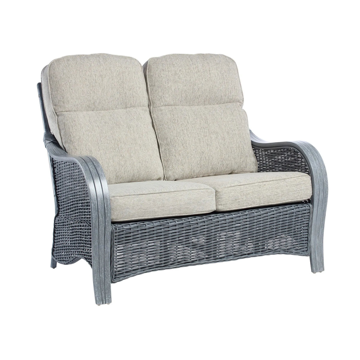 Desser Turin Grey Rattan 2 Seater Sofa, available in a 3 Seater, 2 Seater, Swivel Rocker, Swivel Chair, Armchair and Footstool.  Choose from various fabrics and Grey or Oak frame.