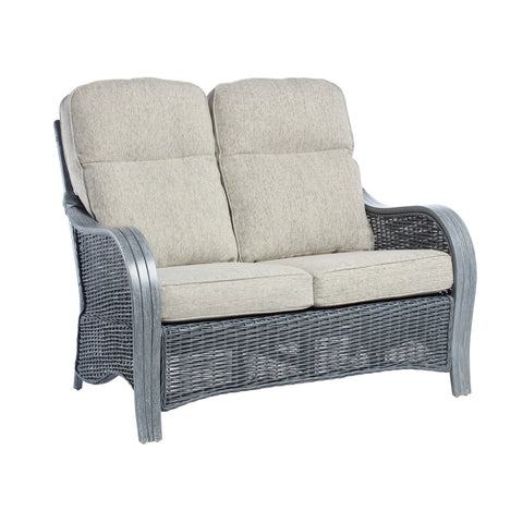 Desser Turin Grey Rattan 2 Seater Sofa, available in a 3 Seater, 2 Seater, Swivel Rocker, Swivel Chair, Armchair and Footstool.  Choose from various fabrics and Grey or Oak frame.