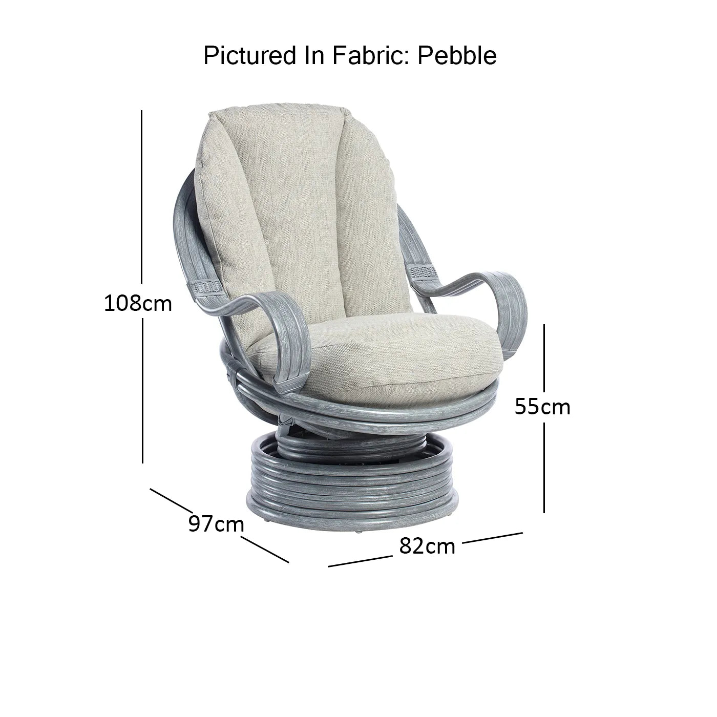 Desser Turin Grey Striped Rattan Swivel Rocker in Duke Grey, also available in a 3 Seater, 2 Seater, Armchair and Footstool.  Choose from various fabrics and customise the frame from a choice of Grey or Light Oak - Dimensions 