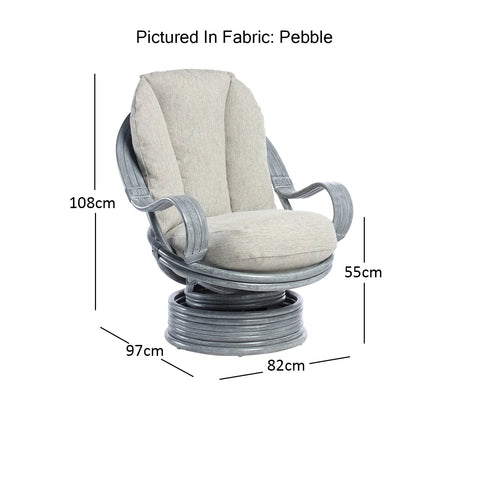 Desser Turin Grey Striped Rattan Swivel Rocker in Duke Grey, also available in a 3 Seater, 2 Seater, Armchair and Footstool.  Choose from various fabrics and customise the frame from a choice of Grey or Light Oak - Dimensions 