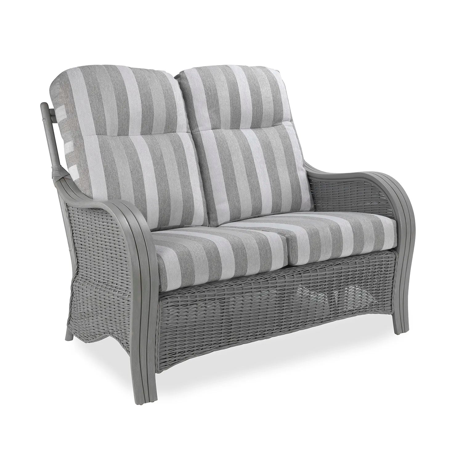Desser Turin Grey Rattan 2 Seater Sofa in Duke Stripe fabric, also available in a 3 Seater, Swivel Rocker, Swivel Chair, Armchair and Footstool.  Choose from various fabrics and a Grey or Oak frame.