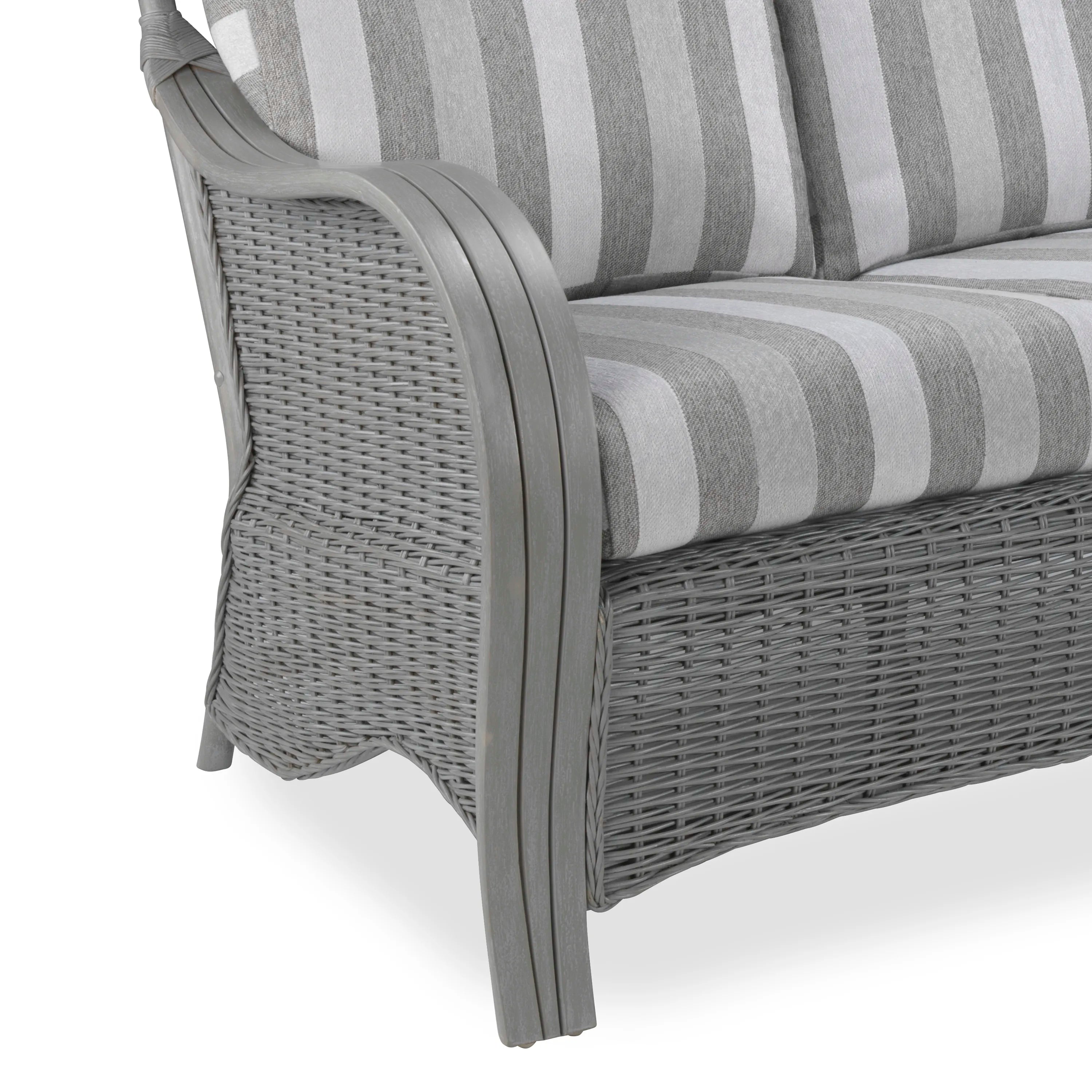 Desser Turin Grey Rattan 2 Seater Sofa in Duke Stripe fabric, also available in a 3 Seater, Swivel Rocker, Swivel Chair, Armchair and Footstool.  Choose from various fabrics and a Grey or Oak frame - Close Up of Grey Frame