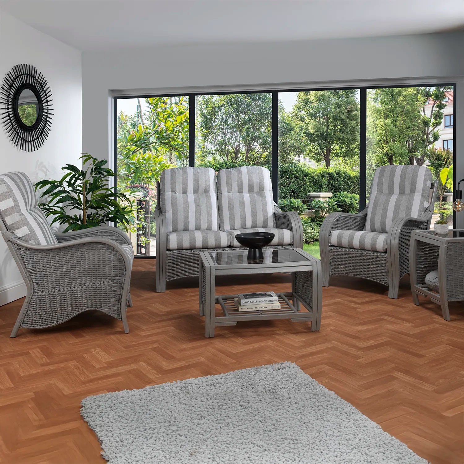 Desser Turin Grey Rattan 2 Seater Sofa in Duke Stripe fabric, also available in a 3 Seater, Swivel Rocker, Swivel Chair, Armchair and Footstool.  Choose from various fabrics and a Grey or Oak frame - 2 Seater Sofa with Armchairs and Coffee Table