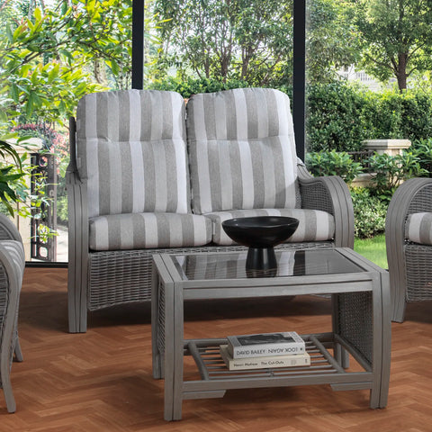 Desser Turin Grey Rattan 2 Seater Sofa in Duke Stripe fabric, also available in a 3 Seater, Swivel Rocker, Swivel Chair, Armchair and Footstool.  Choose from various fabrics and a Grey or Oak frame Close Up of 2 Seater Sofa with Coffee Table
