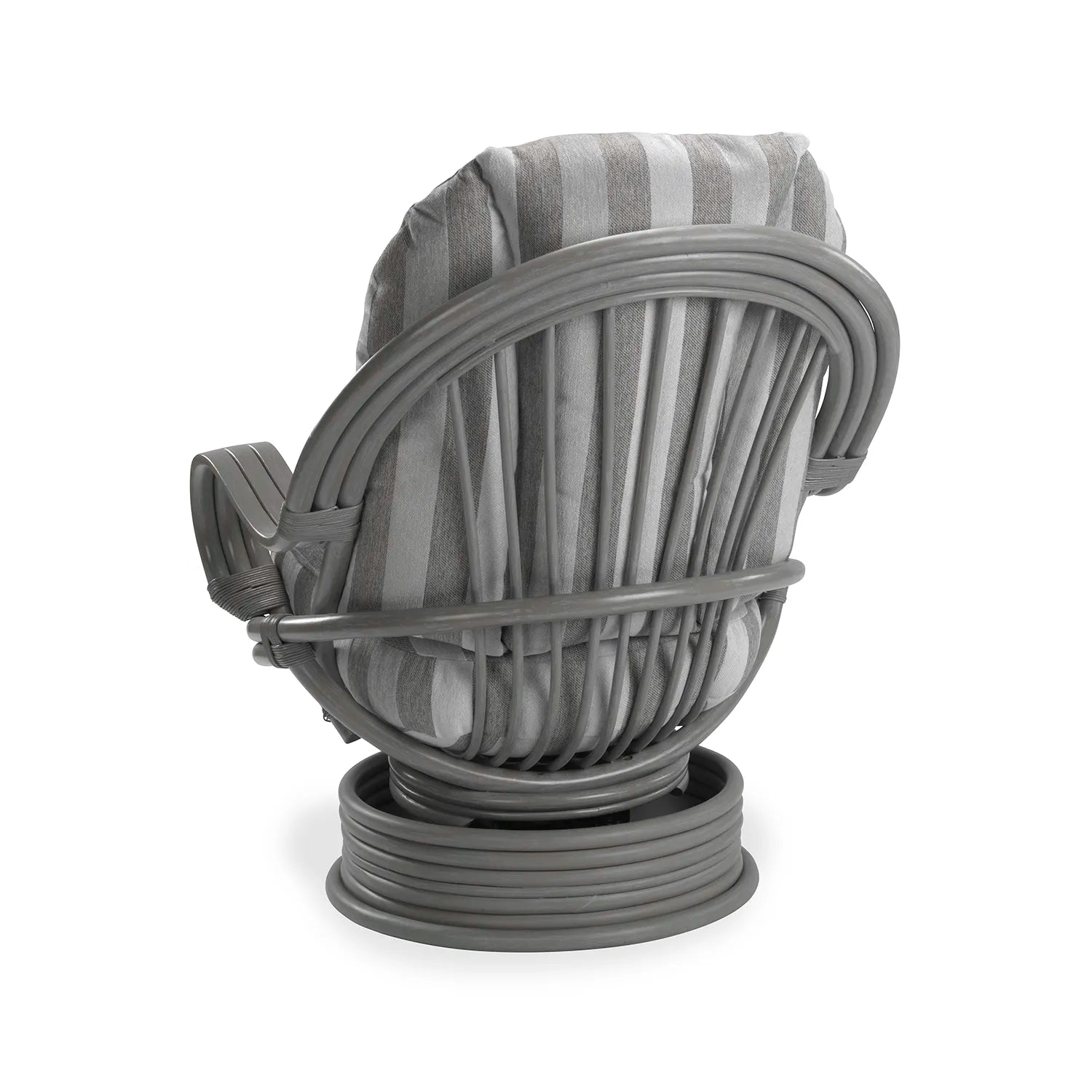 Desser Turin Grey Striped Rattan Swivel Rocker in Duke Grey, also available in a 3 Seater, 2 Seater, Armchair and Footstool.  Choose from various fabrics and customise the frame from a choice of Grey or Light Oak - Back of Swivel Rocker Chair 