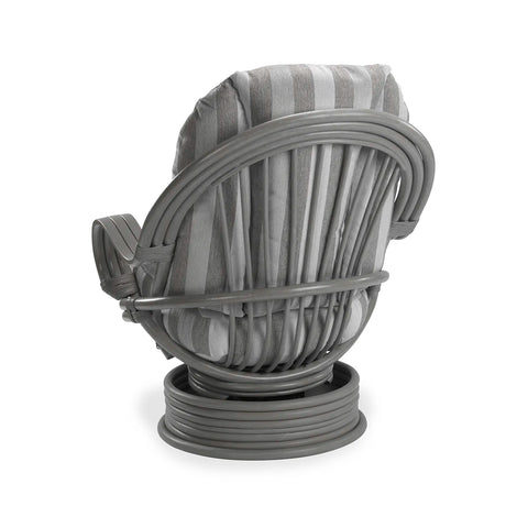 Desser Turin Grey Striped Rattan Swivel Rocker in Duke Grey, also available in a 3 Seater, 2 Seater, Armchair and Footstool.  Choose from various fabrics and customise the frame from a choice of Grey or Light Oak - Back of Swivel Rocker Chair 