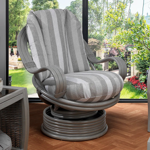 Desser Turin Grey Striped Rattan Swivel Rocker in Duke Grey, also available in a 3 Seater, 2 Seater, Armchair and Footstool.  Choose from various fabrics and customise the frame from a choice of Grey or Light Oak - Chair in Lifestyle Setting 