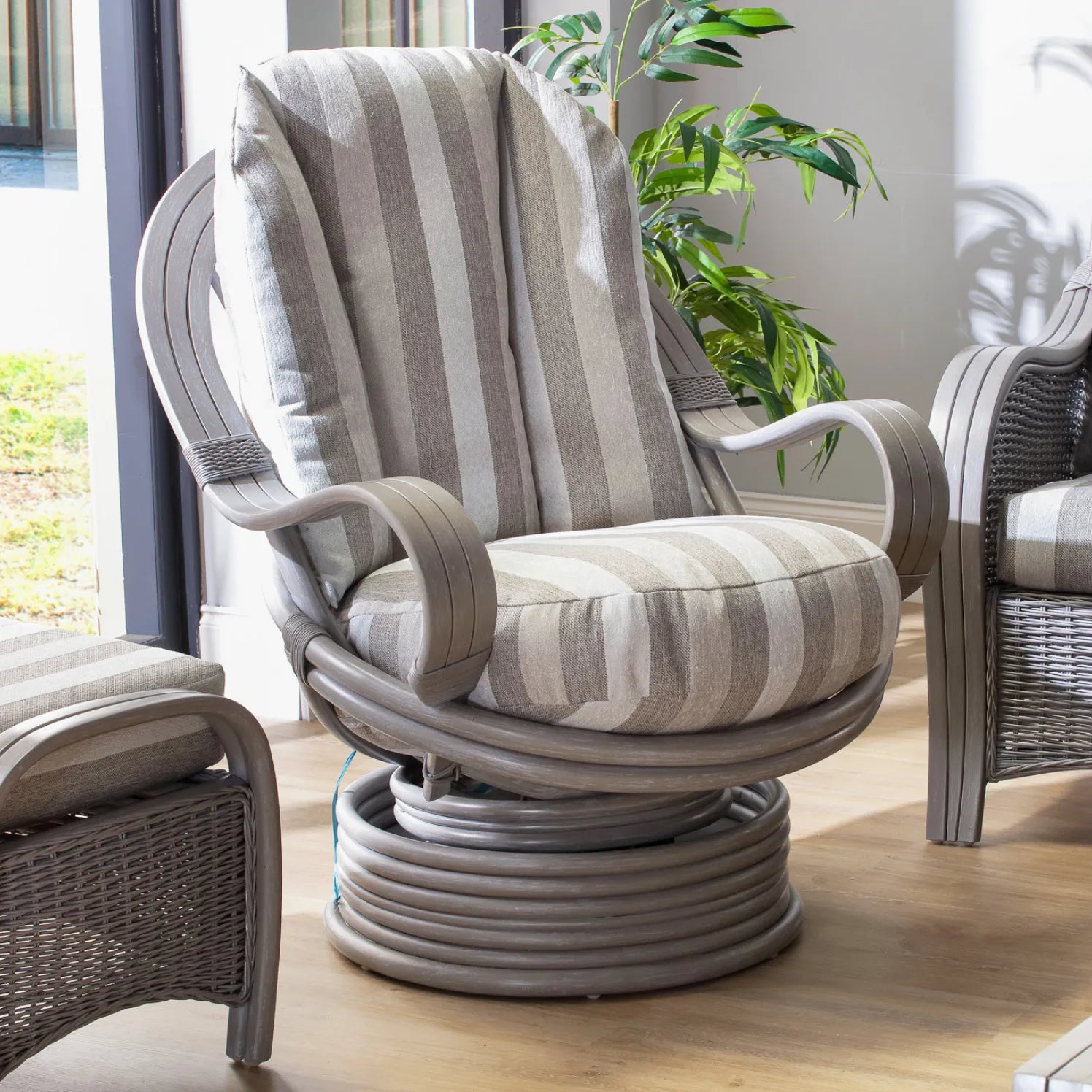 Desser Turin Grey Striped Rattan Swivel Rocker in Duke Grey, also available in a 3 Seater, 2 Seater, Armchair and Footstool.  Choose from various fabrics and customise the frame from a choice of Grey or Light Oak - Close up of Swivel Rocker 