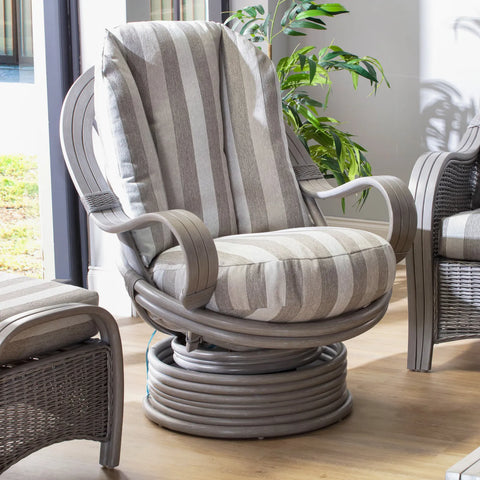 Desser Turin Grey Striped Rattan Swivel Rocker in Duke Grey, also available in a 3 Seater, 2 Seater, Armchair and Footstool.  Choose from various fabrics and customise the frame from a choice of Grey or Light Oak - Close up of Swivel Rocker 