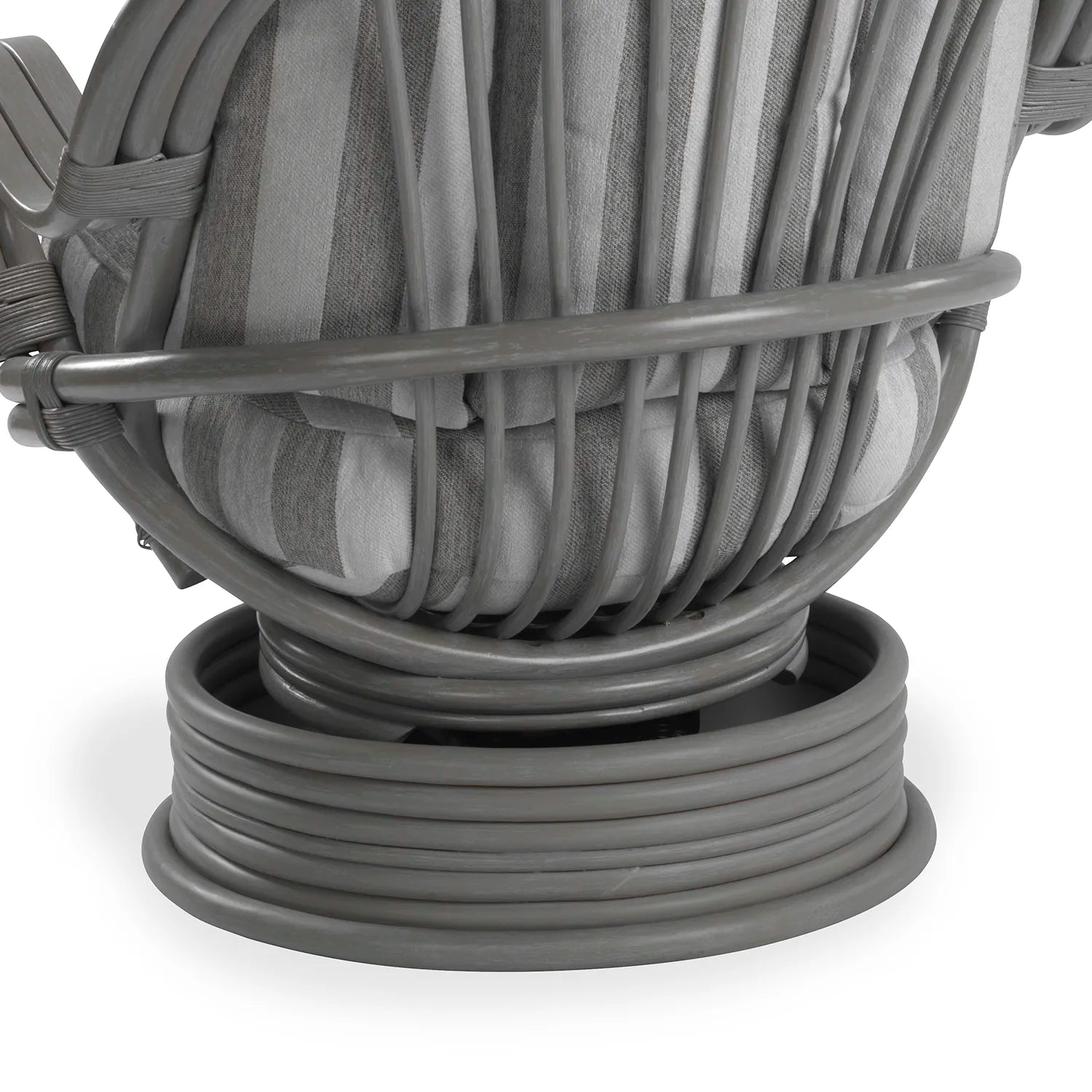 Desser Turin Grey Striped Rattan Swivel Rocker in Duke Grey, also available in a 3 Seater, 2 Seater, Armchair and Footstool.  Choose from various fabrics and customise the frame from a choice of Grey or Light Oak - Close Up of Grey Base