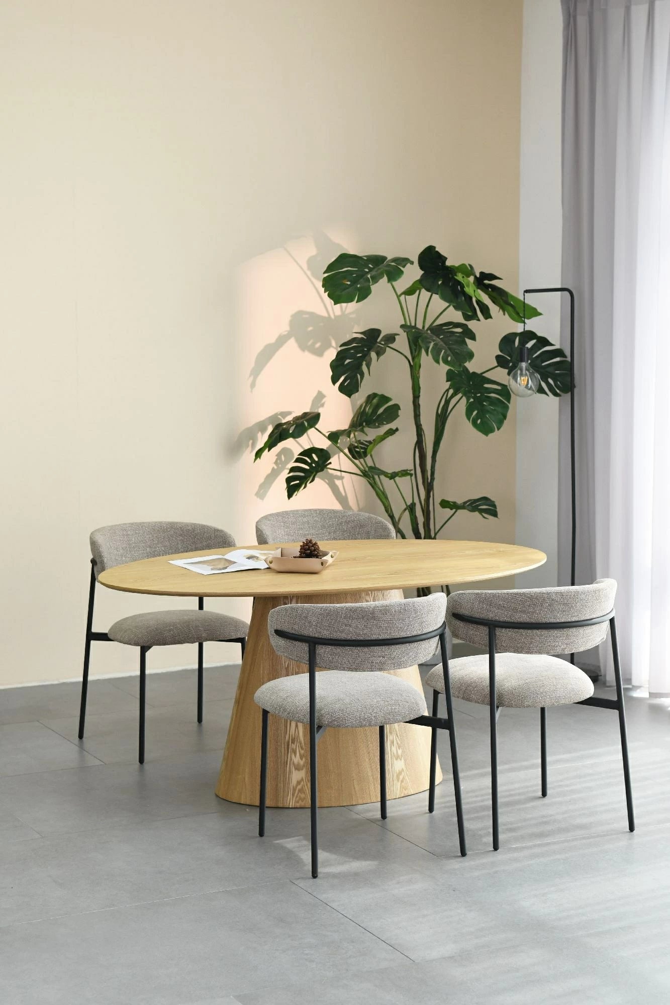 Oval Natural Wood Grain Dining Table and 4 Oatmeal Tweed Effect Dining Chairs. Also available with Natural Linen chairs-Lifestyle-Image-2