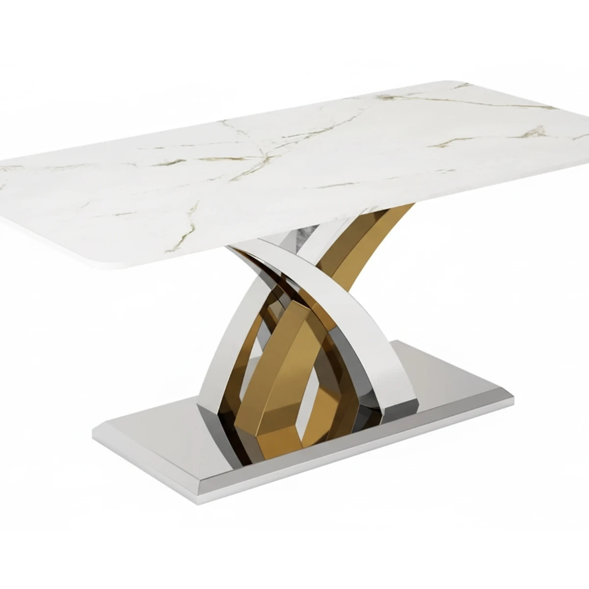 Close up of Dolce Cream Marble Dining Table with Gold and Chrome Base