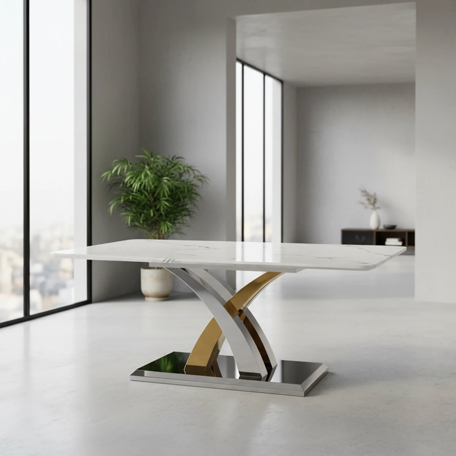 Dolce Cream Marble Dining Table with Gold and Chrome Base, Available in 1.5M or 1.8M
