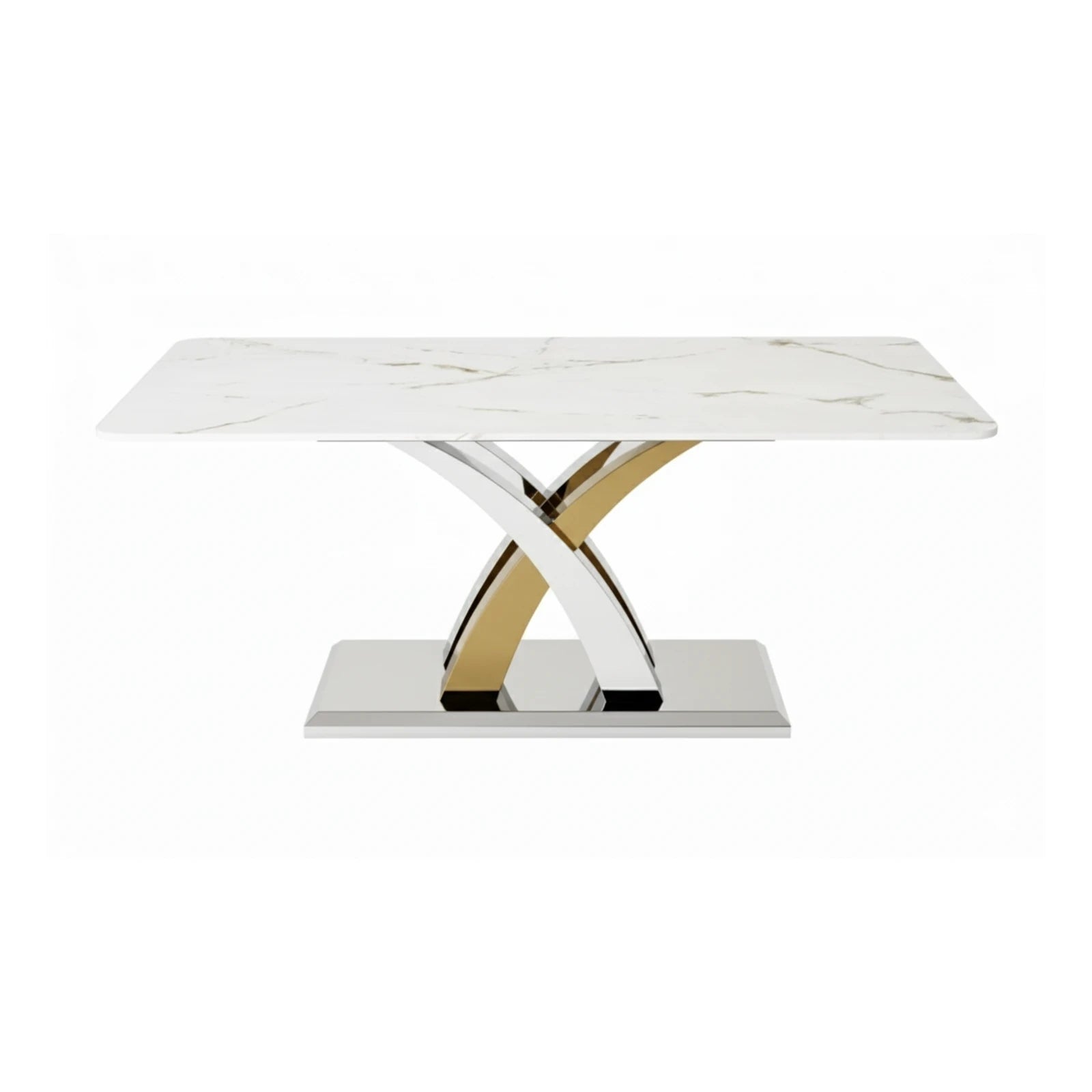 Modern Dining table with marble top and gold and silver base on a white background
