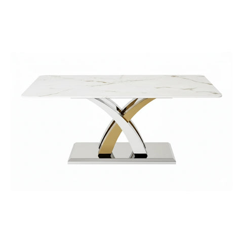 Modern Dining table with marble top and gold and silver base on a white background